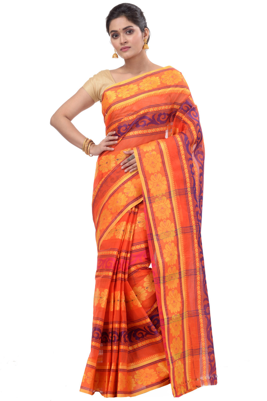 Orange Pure Cotton Aditi Desiging Tant Saree (456)